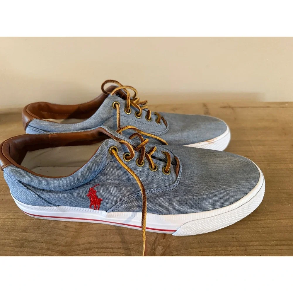 Polo Ralph Lauren Vaughn Blue Chambray Leather Sneakers Mens 9.5D Low Top‎ Shoes